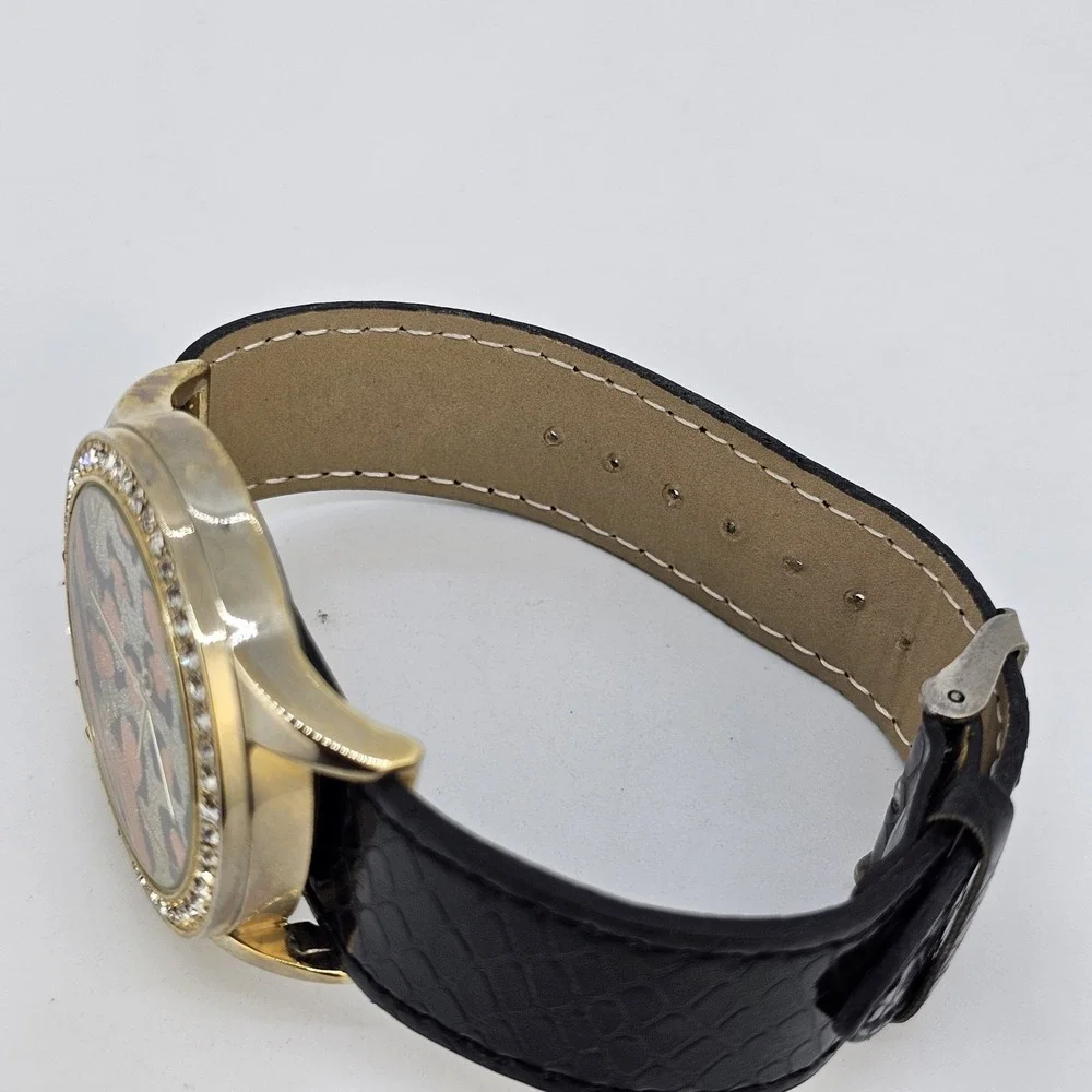 40MM Women's Watch Animal Print Dial Black Faux Leather‎ Band New Battery